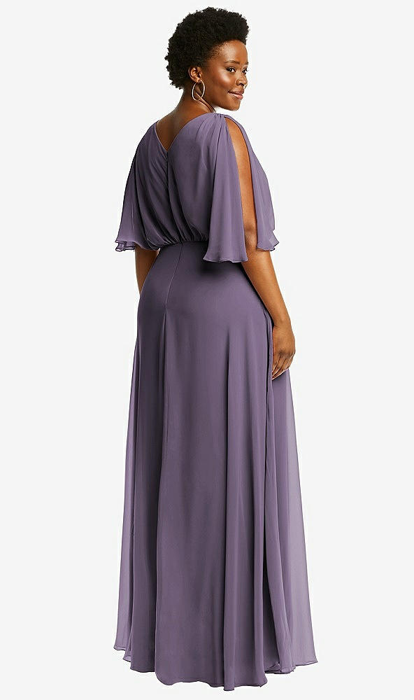 Back View - Lavender V-Neck Split Sleeve Blouson Bodice Maxi Dress