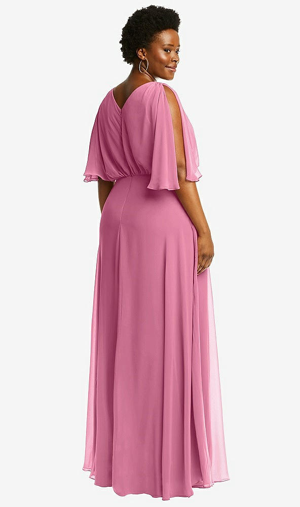 Back View - Orchid Pink V-Neck Split Sleeve Blouson Bodice Maxi Dress