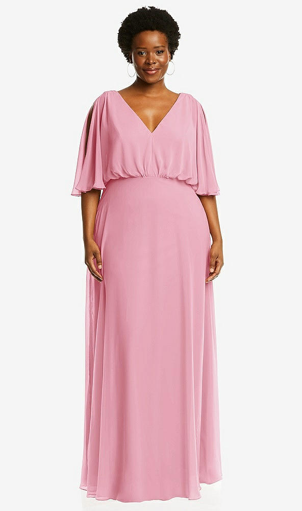 Front View - Peony Pink V-Neck Split Sleeve Blouson Bodice Maxi Dress