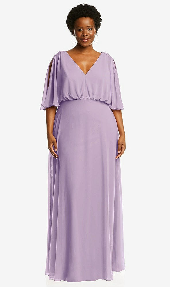 Front View - Pale Purple V-Neck Split Sleeve Blouson Bodice Maxi Dress