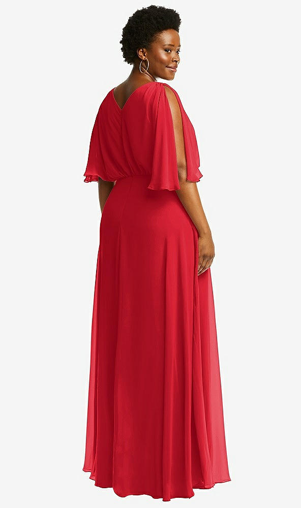 Back View - Parisian Red V-Neck Split Sleeve Blouson Bodice Maxi Dress