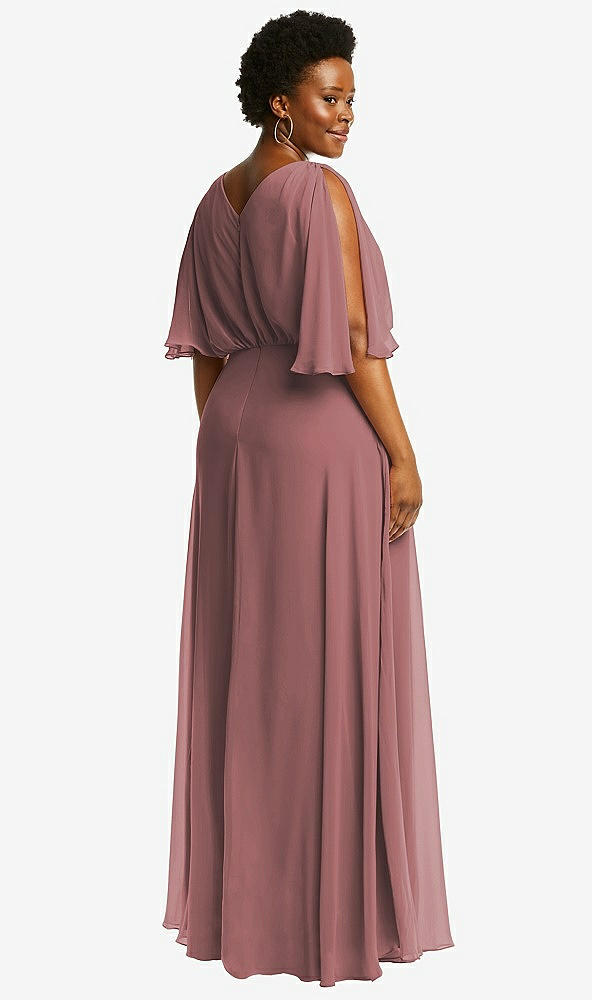 Back View - Rosewood V-Neck Split Sleeve Blouson Bodice Maxi Dress