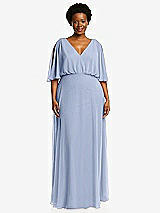 Front View Thumbnail - Sky Blue V-Neck Split Sleeve Blouson Bodice Maxi Dress