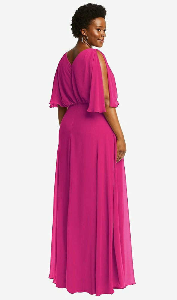 Back View - Think Pink V-Neck Split Sleeve Blouson Bodice Maxi Dress