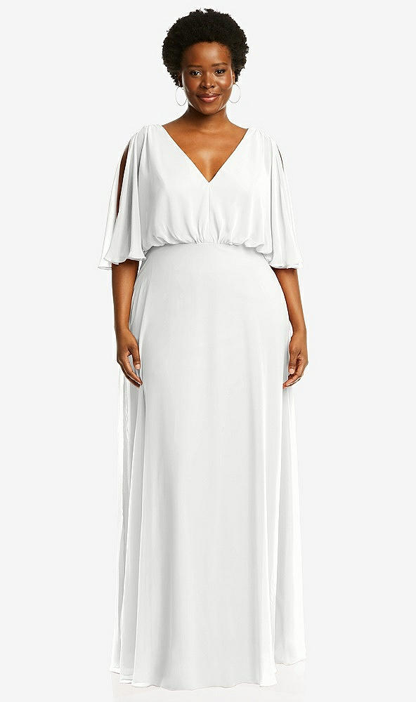 Front View - White V-Neck Split Sleeve Blouson Bodice Maxi Dress