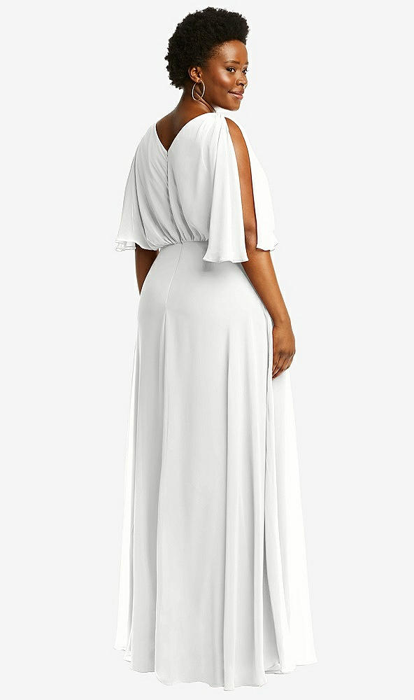 Back View - White V-Neck Split Sleeve Blouson Bodice Maxi Dress