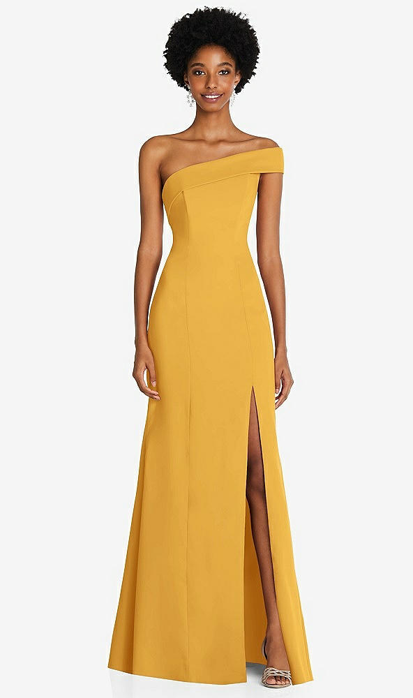 Front View - NYC Yellow Asymmetrical Off-the-Shoulder Cuff Trumpet Gown With Front Slit