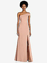 Front View Thumbnail - Pale Peach Asymmetrical Off-the-Shoulder Cuff Trumpet Gown With Front Slit