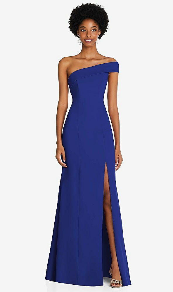 Front View - Cobalt Blue Asymmetrical Off-the-Shoulder Cuff Trumpet Gown With Front Slit