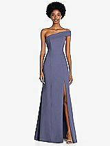Front View Thumbnail - French Blue Asymmetrical Off-the-Shoulder Cuff Trumpet Gown With Front Slit