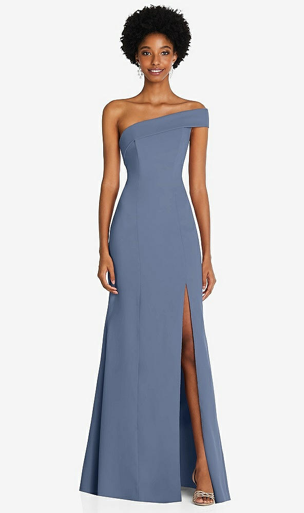 Front View - Larkspur Blue Asymmetrical Off-the-Shoulder Cuff Trumpet Gown With Front Slit
