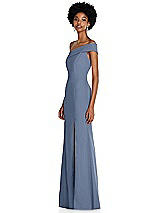 Side View Thumbnail - Larkspur Blue Asymmetrical Off-the-Shoulder Cuff Trumpet Gown With Front Slit