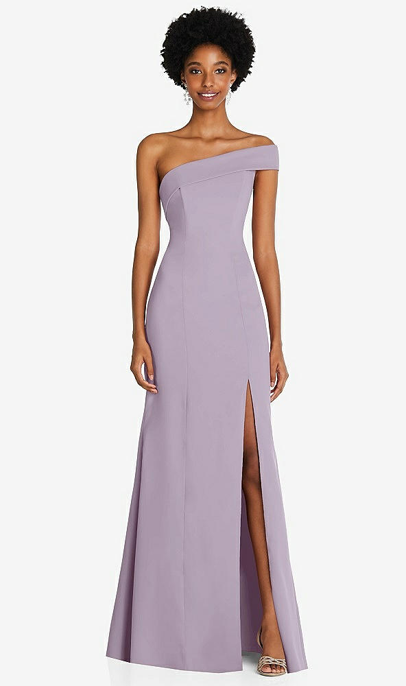 Front View - Lilac Haze Asymmetrical Off-the-Shoulder Cuff Trumpet Gown With Front Slit