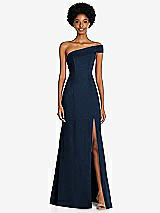 Front View Thumbnail - Midnight Navy Asymmetrical Off-the-Shoulder Cuff Trumpet Gown With Front Slit