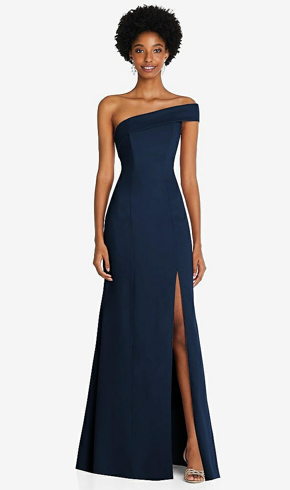 Front View - Midnight Navy Asymmetrical Off-the-Shoulder Cuff Trumpet Gown With Front Slit