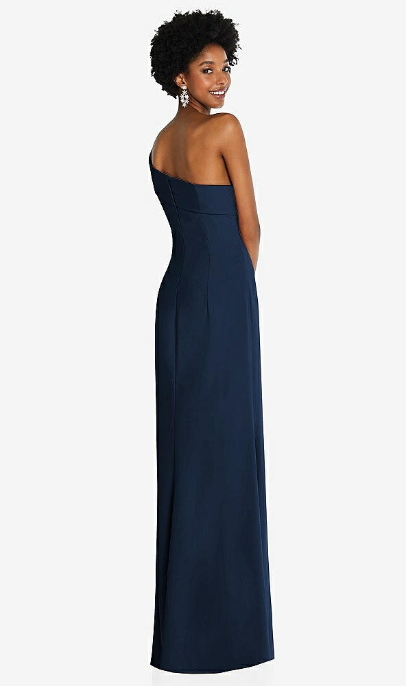 Back View - Midnight Navy Asymmetrical Off-the-Shoulder Cuff Trumpet Gown With Front Slit
