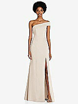 Front View Thumbnail - Oat Asymmetrical Off-the-Shoulder Cuff Trumpet Gown With Front Slit