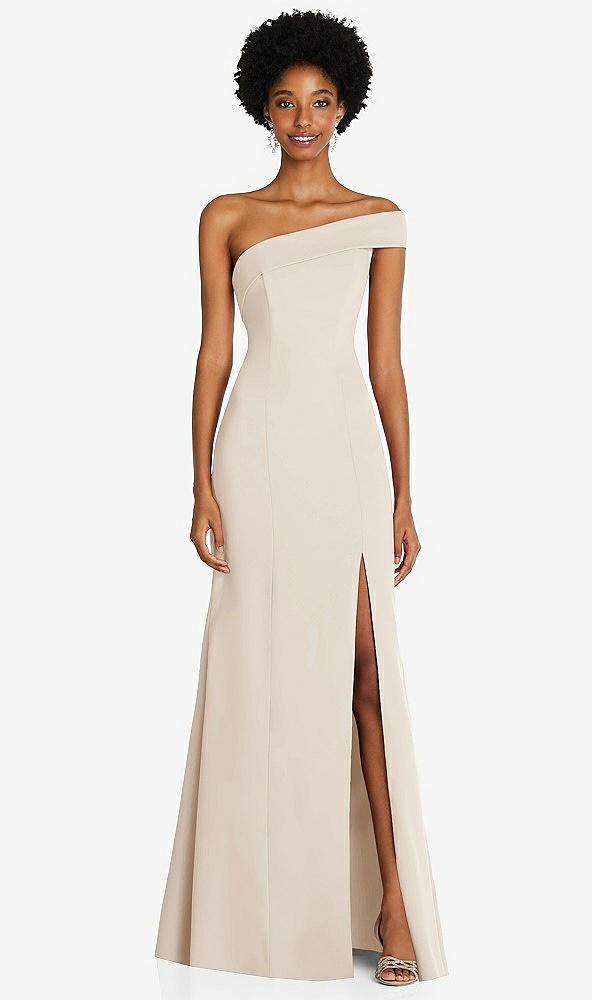 Front View - Oat Asymmetrical Off-the-Shoulder Cuff Trumpet Gown With Front Slit