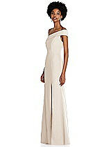 Side View Thumbnail - Oat Asymmetrical Off-the-Shoulder Cuff Trumpet Gown With Front Slit