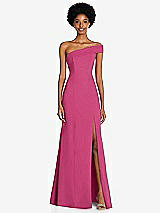Front View Thumbnail - Tea Rose Asymmetrical Off-the-Shoulder Cuff Trumpet Gown With Front Slit