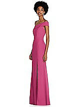 Side View Thumbnail - Tea Rose Asymmetrical Off-the-Shoulder Cuff Trumpet Gown With Front Slit