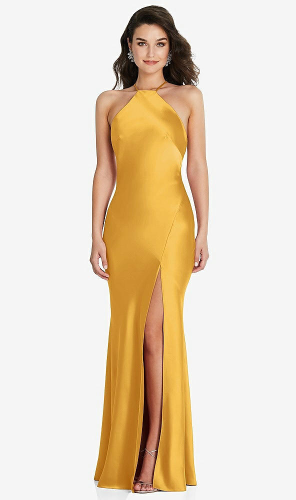 Front View - NYC Yellow Halter Convertible Strap Bias Slip Dress With Front Slit