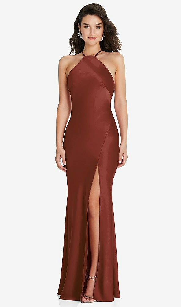 Front View - Auburn Moon Halter Convertible Strap Bias Slip Dress With Front Slit