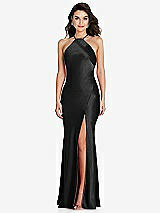 Front View Thumbnail - Black Halter Convertible Strap Bias Slip Dress With Front Slit