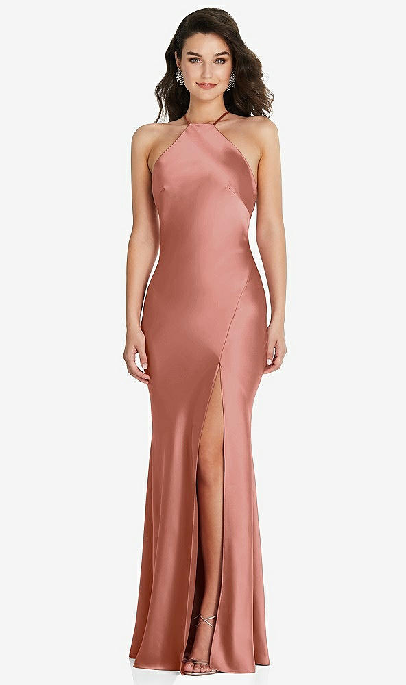 Front View - Desert Rose Halter Convertible Strap Bias Slip Dress With Front Slit