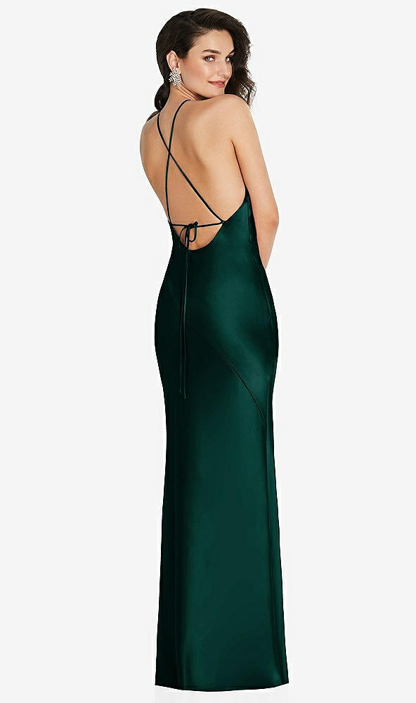 Back View - Evergreen Halter Convertible Strap Bias Slip Dress With Front Slit