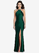 Front View Thumbnail - Hunter Green Halter Convertible Strap Bias Slip Dress With Front Slit