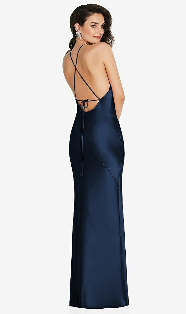 Back View - Midnight Navy Halter Convertible Strap Bias Slip Dress With Front Slit