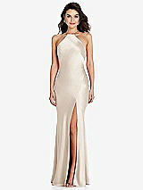 Front View Thumbnail - Oat Halter Convertible Strap Bias Slip Dress With Front Slit