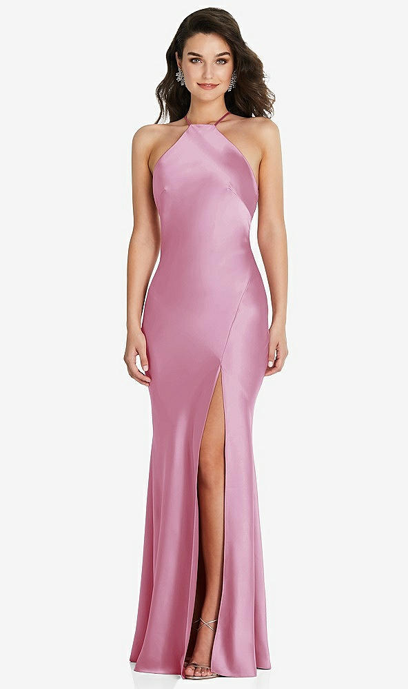 Front View - Powder Pink Halter Convertible Strap Bias Slip Dress With Front Slit