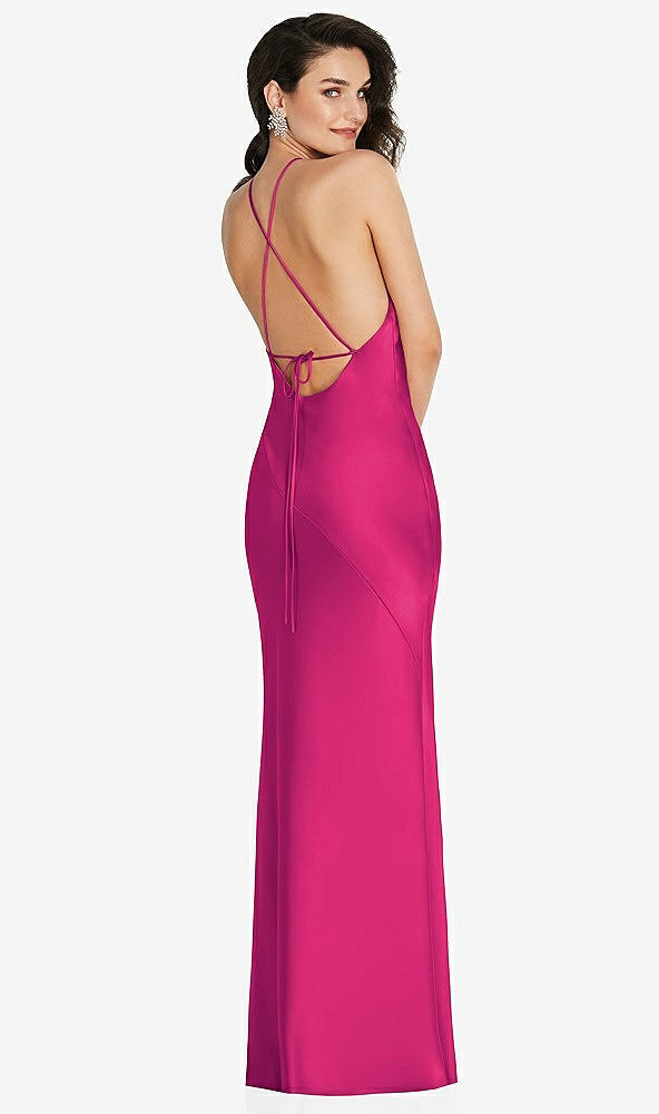Back View - Think Pink Halter Convertible Strap Bias Slip Dress With Front Slit