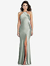 Front View Thumbnail - Willow Green Halter Convertible Strap Bias Slip Dress With Front Slit
