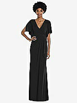 Front View Thumbnail - Black Faux Wrap Split Sleeve Maxi Dress with Cascade Skirt