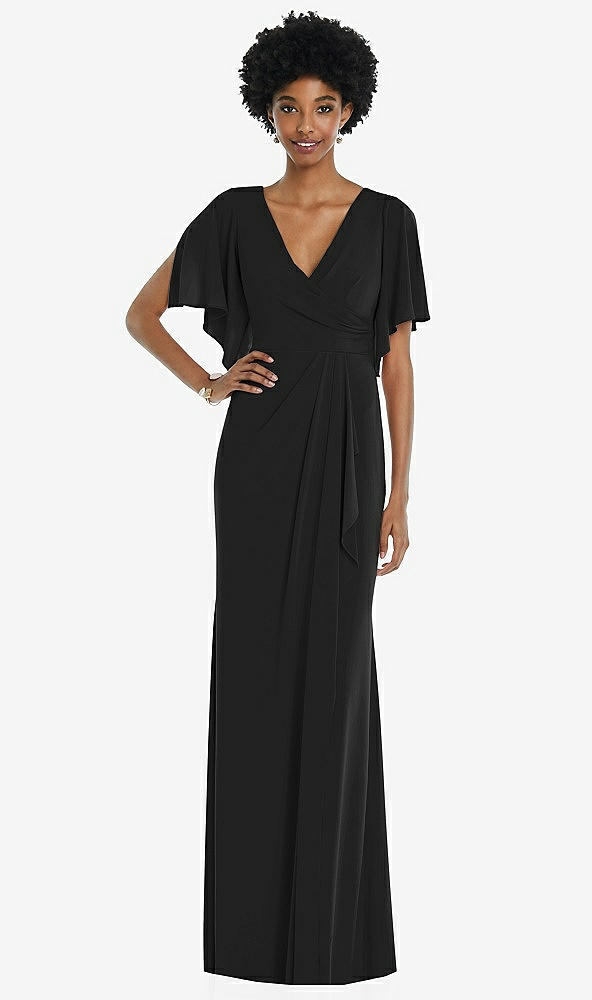Front View - Black Faux Wrap Split Sleeve Maxi Dress with Cascade Skirt