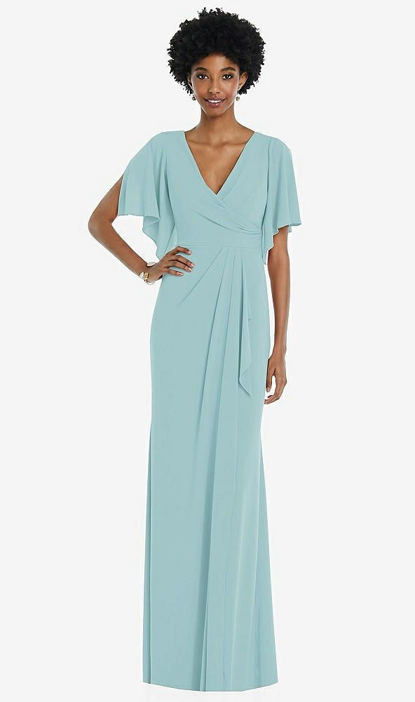 Front View - Canal Blue Faux Wrap Split Sleeve Maxi Dress with Cascade Skirt