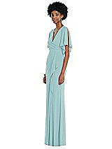 Side View Thumbnail - Canal Blue Faux Wrap Split Sleeve Maxi Dress with Cascade Skirt