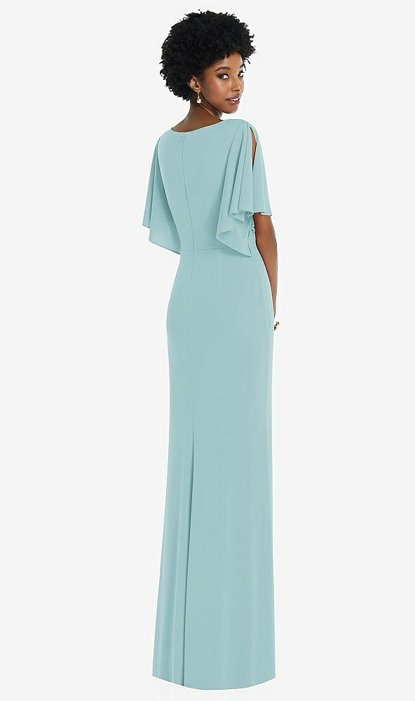 Back View - Canal Blue Faux Wrap Split Sleeve Maxi Dress with Cascade Skirt