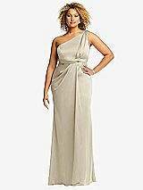 Front View Thumbnail - Champagne One-Shoulder Draped Twist Empire Waist Trumpet Gown