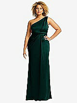 Front View Thumbnail - Evergreen One-Shoulder Draped Twist Empire Waist Trumpet Gown