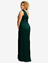 Rear View Thumbnail - Evergreen One-Shoulder Draped Twist Empire Waist Trumpet Gown