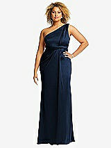 Front View Thumbnail - Midnight Navy One-Shoulder Draped Twist Empire Waist Trumpet Gown