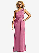 Front View Thumbnail - Orchid Pink One-Shoulder Draped Twist Empire Waist Trumpet Gown