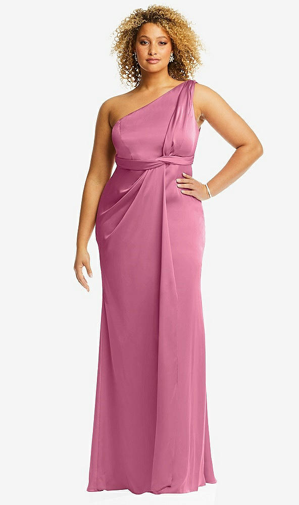 Front View - Orchid Pink One-Shoulder Draped Twist Empire Waist Trumpet Gown