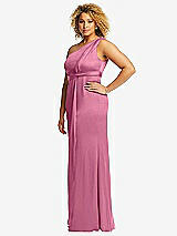 Side View Thumbnail - Orchid Pink One-Shoulder Draped Twist Empire Waist Trumpet Gown