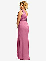 Rear View Thumbnail - Orchid Pink One-Shoulder Draped Twist Empire Waist Trumpet Gown