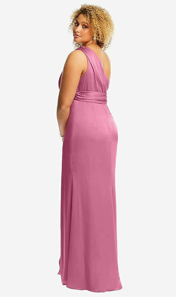 Back View - Orchid Pink One-Shoulder Draped Twist Empire Waist Trumpet Gown